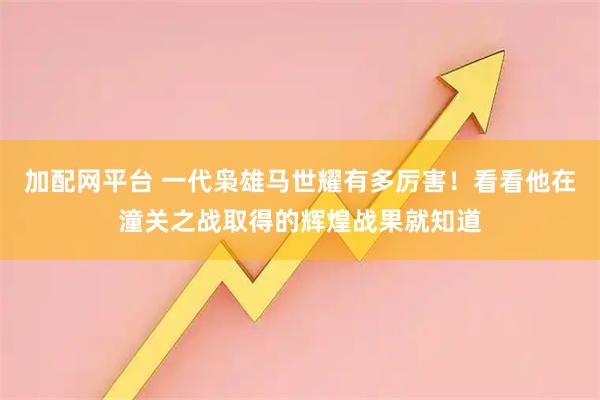加配网平台 一代枭雄马世耀有多厉害！看看他在潼关之战取得的辉煌战果就知道